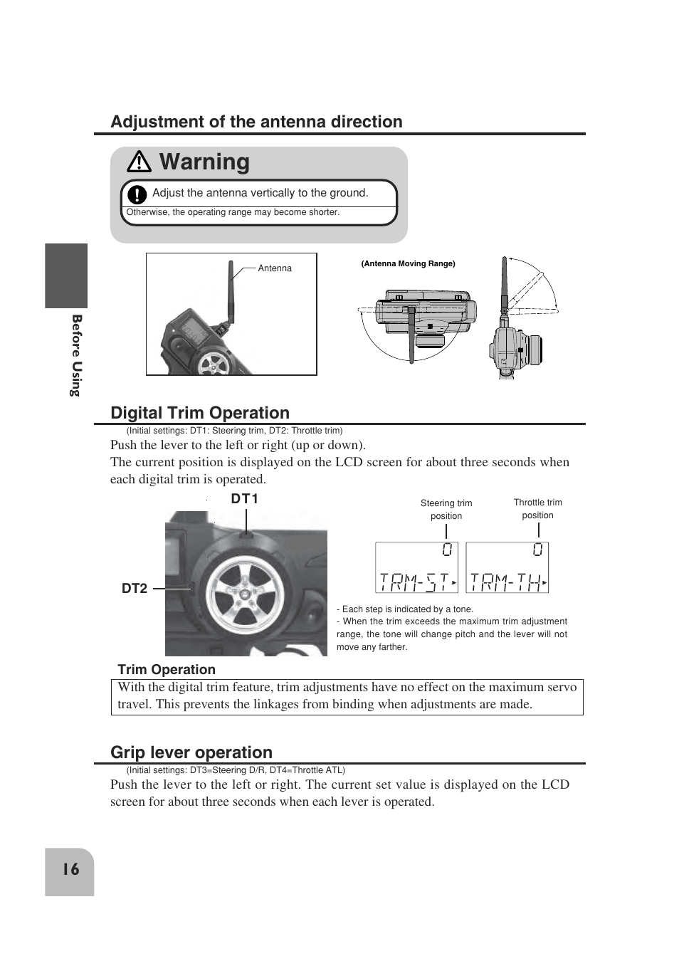 Warning, Digital trim operation, Grip lever operation | Adjustment of the antenna direction | Futaba 3PM 2.4GHz User Manual | Page 15 / 60