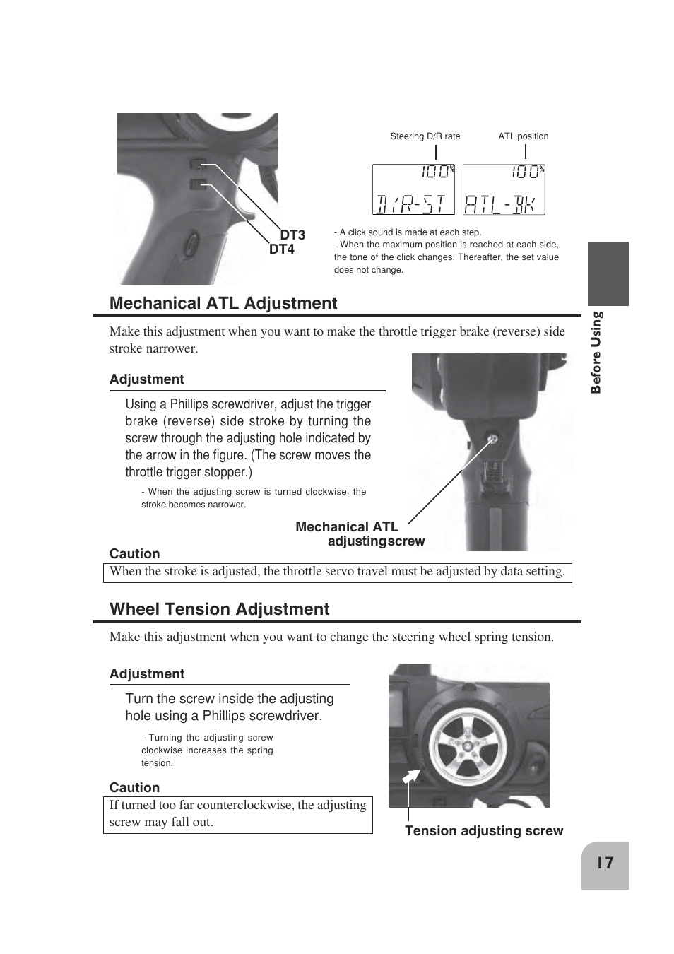 Mechanical atl adjustment, Wheel tension adjustment | Futaba 3PM 2.4GHz User Manual | Page 16 / 60