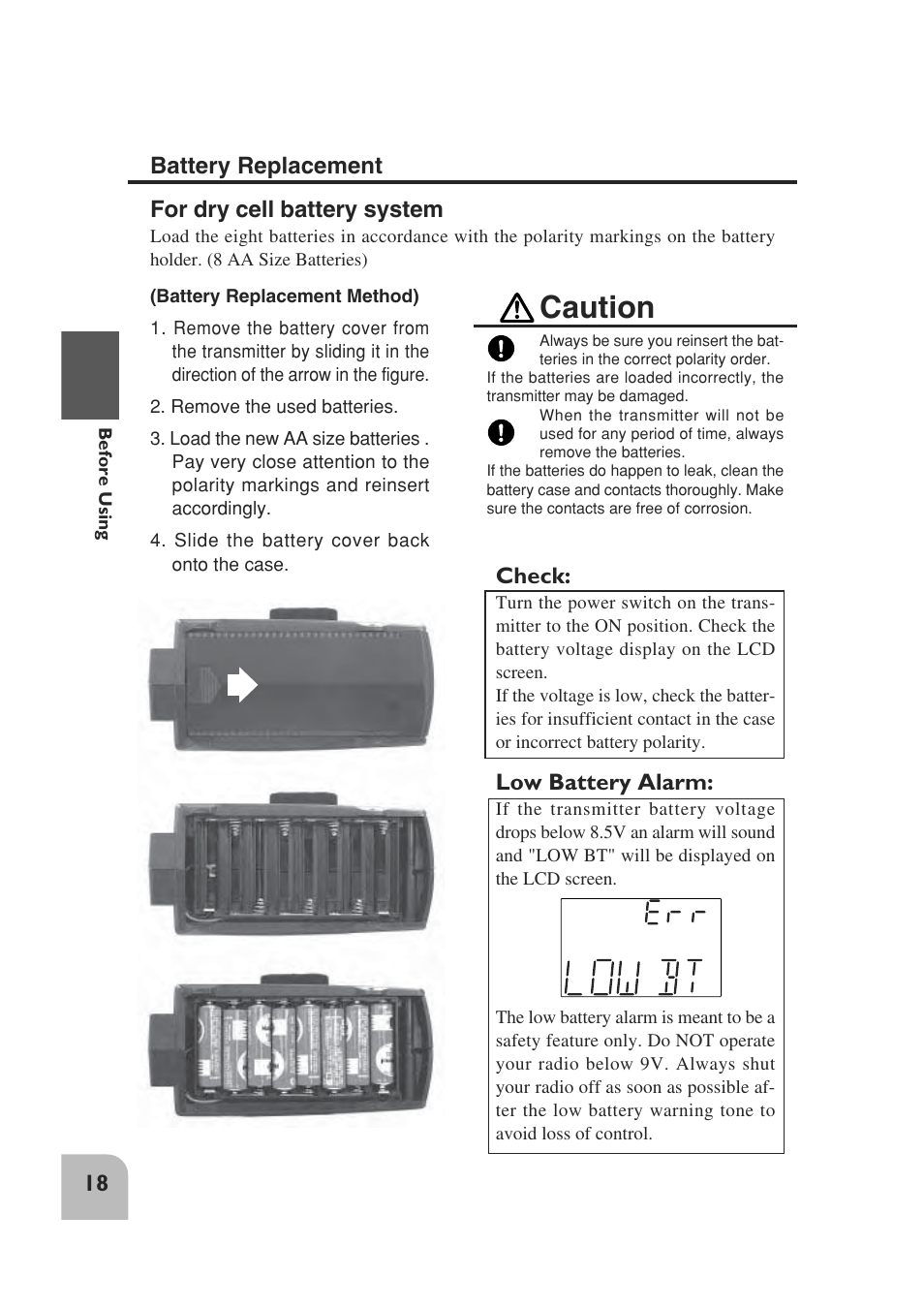 Caution, For dry cell battery system, Battery replacement | Check, Low battery alarm | Futaba 3PM 2.4GHz User Manual | Page 17 / 60