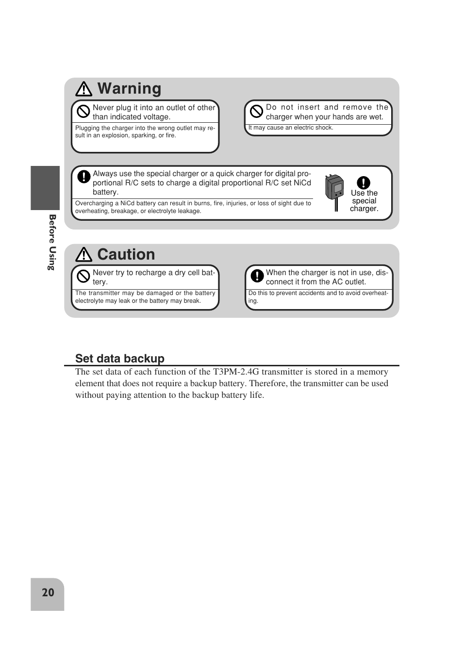 Caution, Warning, Set data backup | Futaba 3PM 2.4GHz User Manual | Page 19 / 60