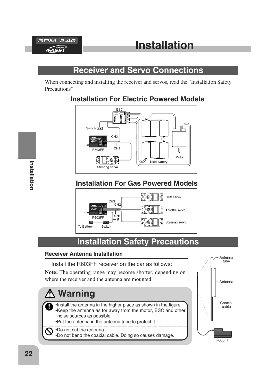 Installation, Warning, Receiver and servo connections | Installation safety precautions, Installation for electric powered models, Installation for gas powered models | Futaba 3PM 2.4GHz User Manual | Page 21 / 60