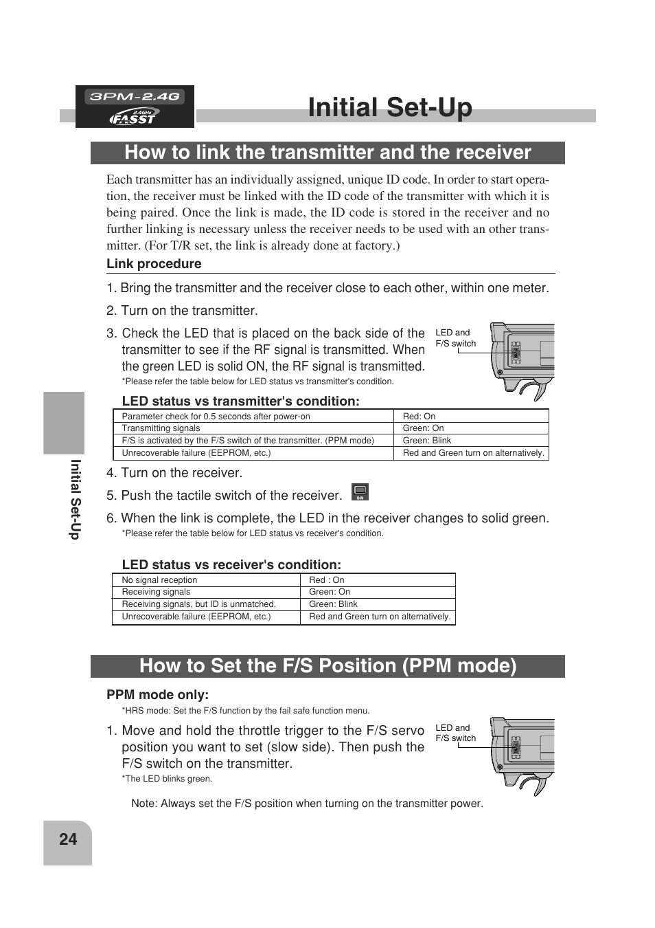 Initial set-up, How to link the transmitter and the receiver, How to set the f/s position (ppm mode) | Futaba 3PM 2.4GHz User Manual | Page 23 / 60