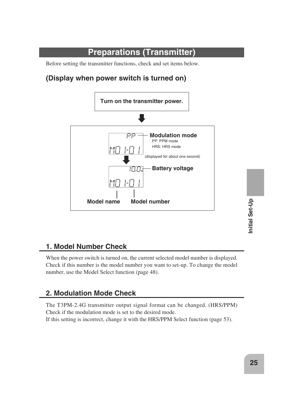 Preparations (transmitter), Model number check | Futaba 3PM 2.4GHz User Manual | Page 24 / 60