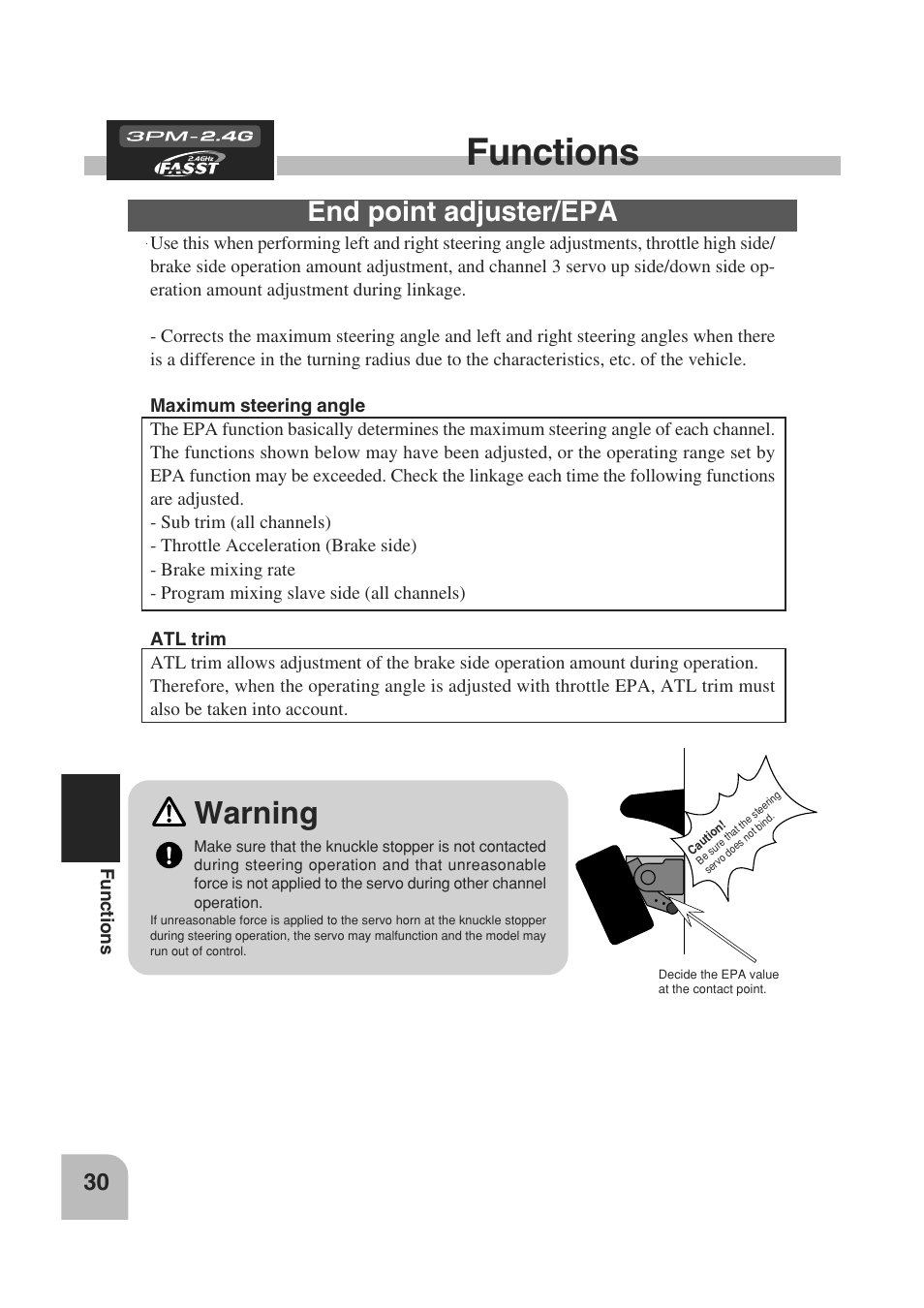 Functions, Warning, End point adjuster/epa | Futaba 3PM 2.4GHz User Manual | Page 29 / 60