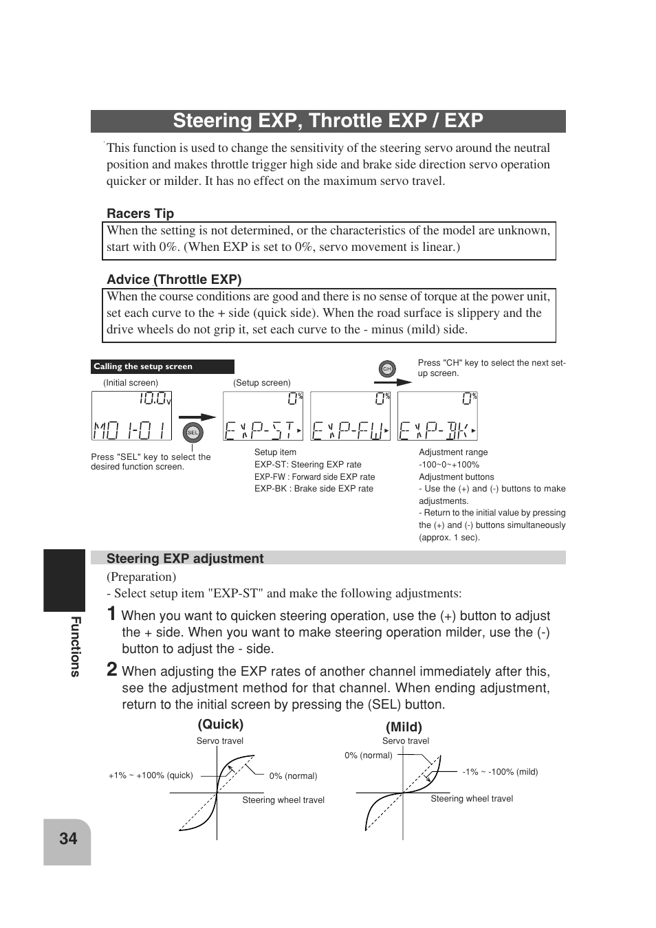 Steering exp, throttle exp / exp, Functions, Quick) (mild) | Futaba 3PM 2.4GHz User Manual | Page 33 / 60