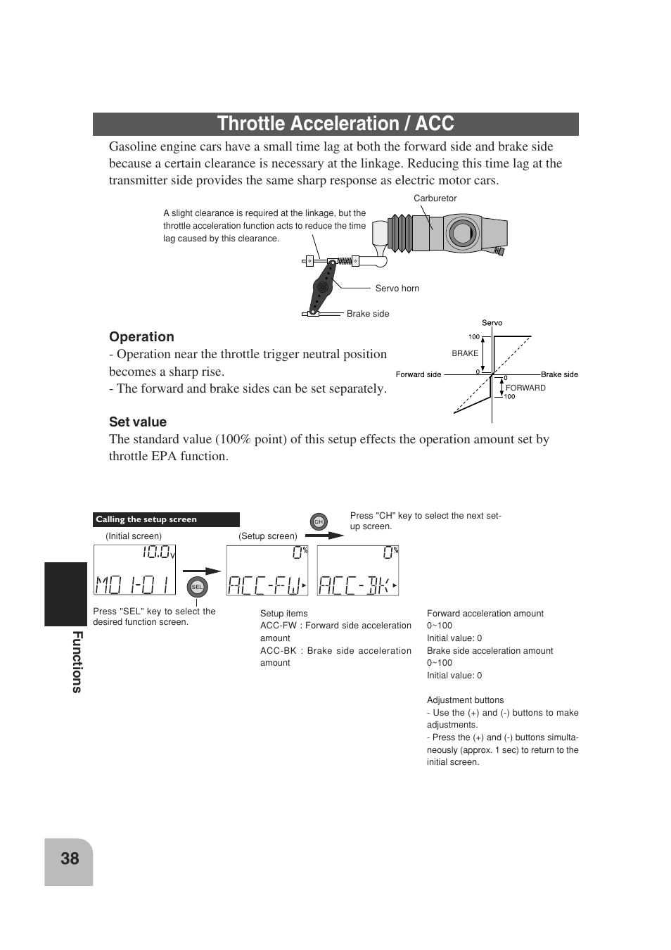 Throttle acceleration / acc, Functions | Futaba 3PM 2.4GHz User Manual | Page 37 / 60