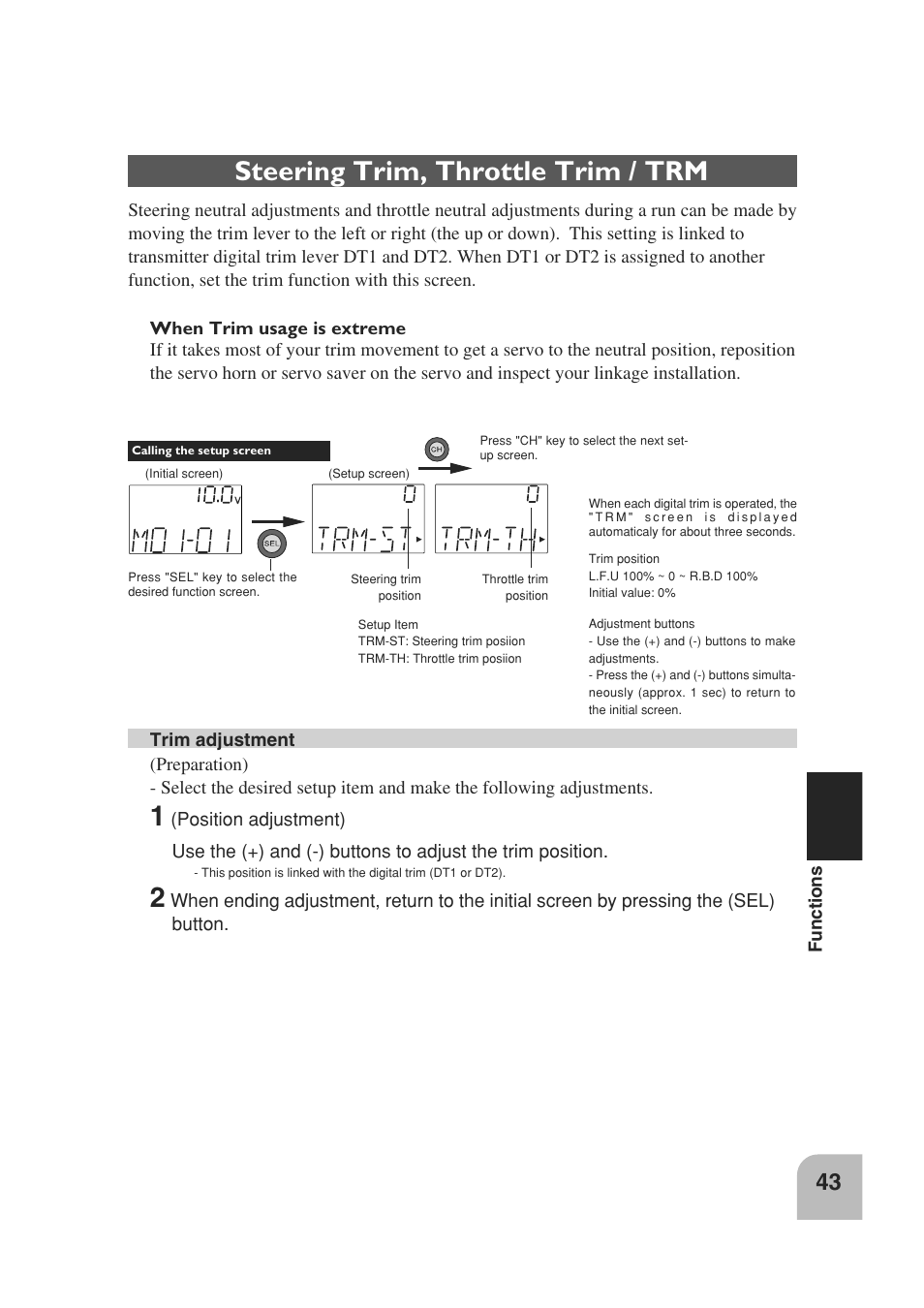 Steering trim, throttle trim / trm | Futaba 3PM 2.4GHz User Manual | Page 42 / 60