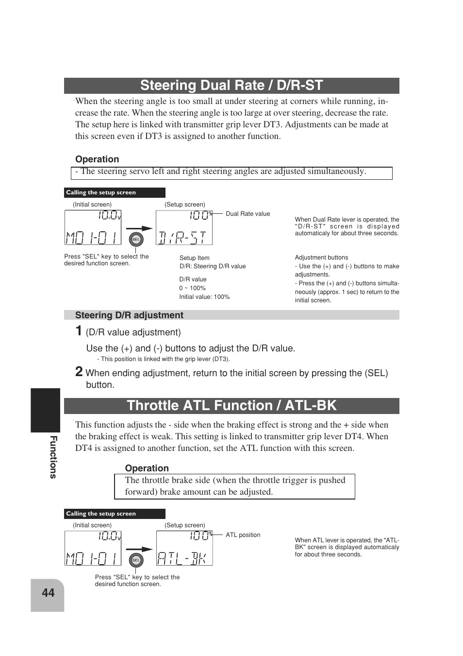 Steering dual rate / d/r-st, Throttle atl function / atl-bk | Futaba 3PM 2.4GHz User Manual | Page 43 / 60