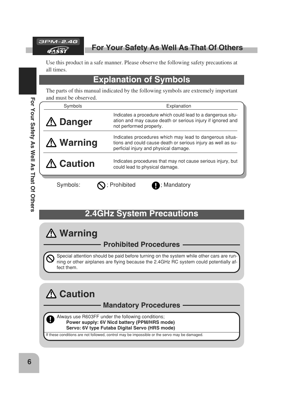 Danger, Warning, Caution | Explanation of symbols, 4ghz system precautions | Futaba 3PM 2.4GHz User Manual | Page 5 / 60