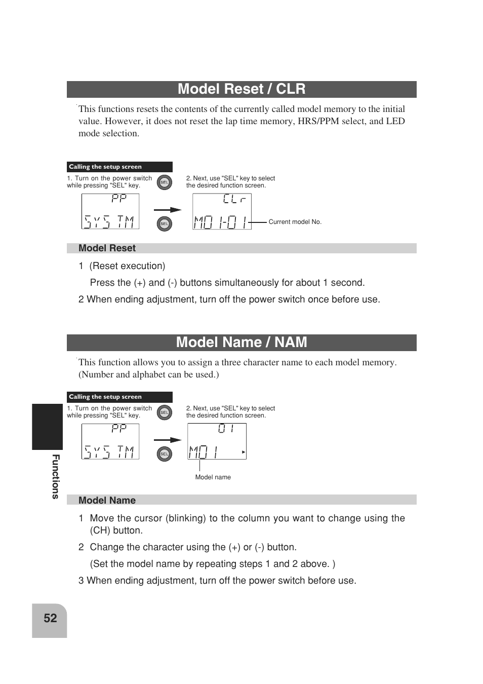 Model reset / clr, Model name / nam | Futaba 3PM 2.4GHz User Manual | Page 51 / 60