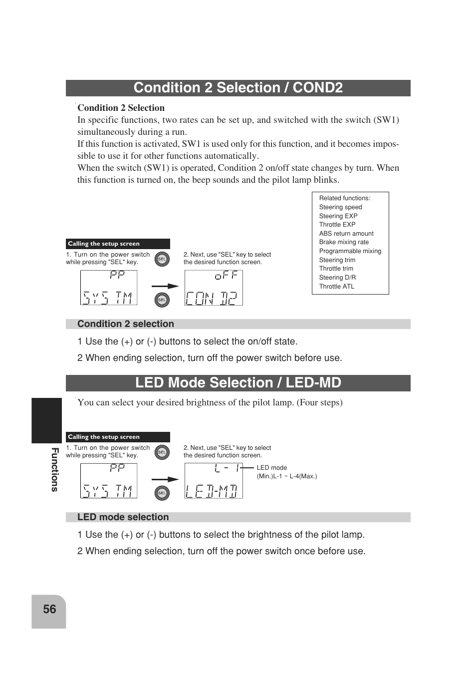 Condition 2 selection / cond2, Led mode selection / led-md | Futaba 3PM 2.4GHz User Manual | Page 55 / 60