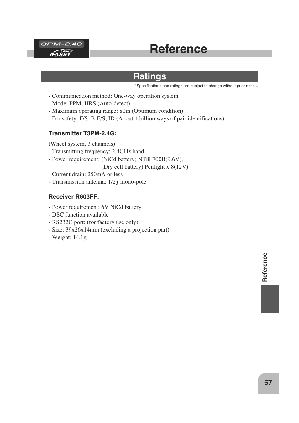 Reference, Ratings | Futaba 3PM 2.4GHz User Manual | Page 56 / 60