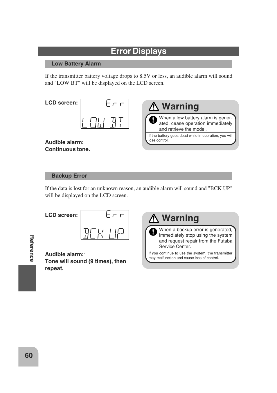 Warning, Error displays | Futaba 3PM 2.4GHz User Manual | Page 59 / 60