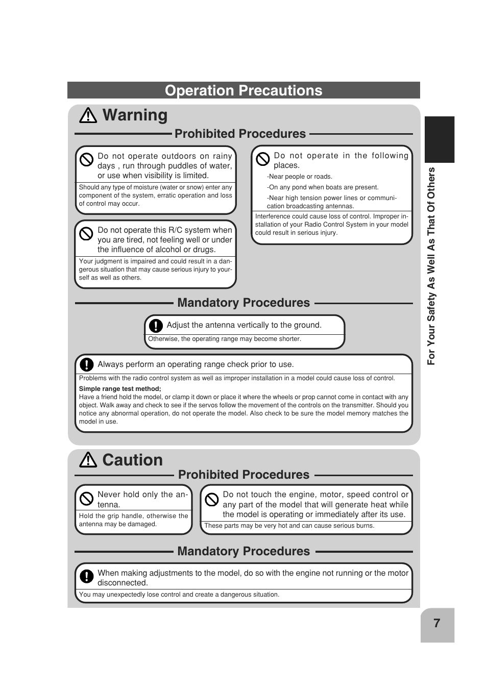 Warning, Caution, Operation precautions | Prohibited procedures, Mandatory procedures | Futaba 3PM 2.4GHz User Manual | Page 6 / 60