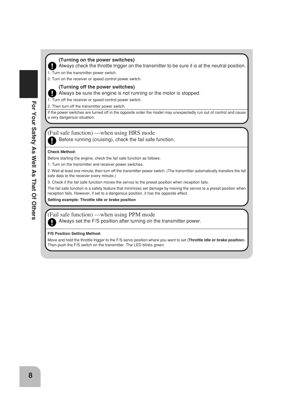 For your safety as well as that of others, Fail safe function) ---when using hrs mode, Fail safe function) ---when using ppm mode | Futaba 3PM 2.4GHz User Manual | Page 7 / 60