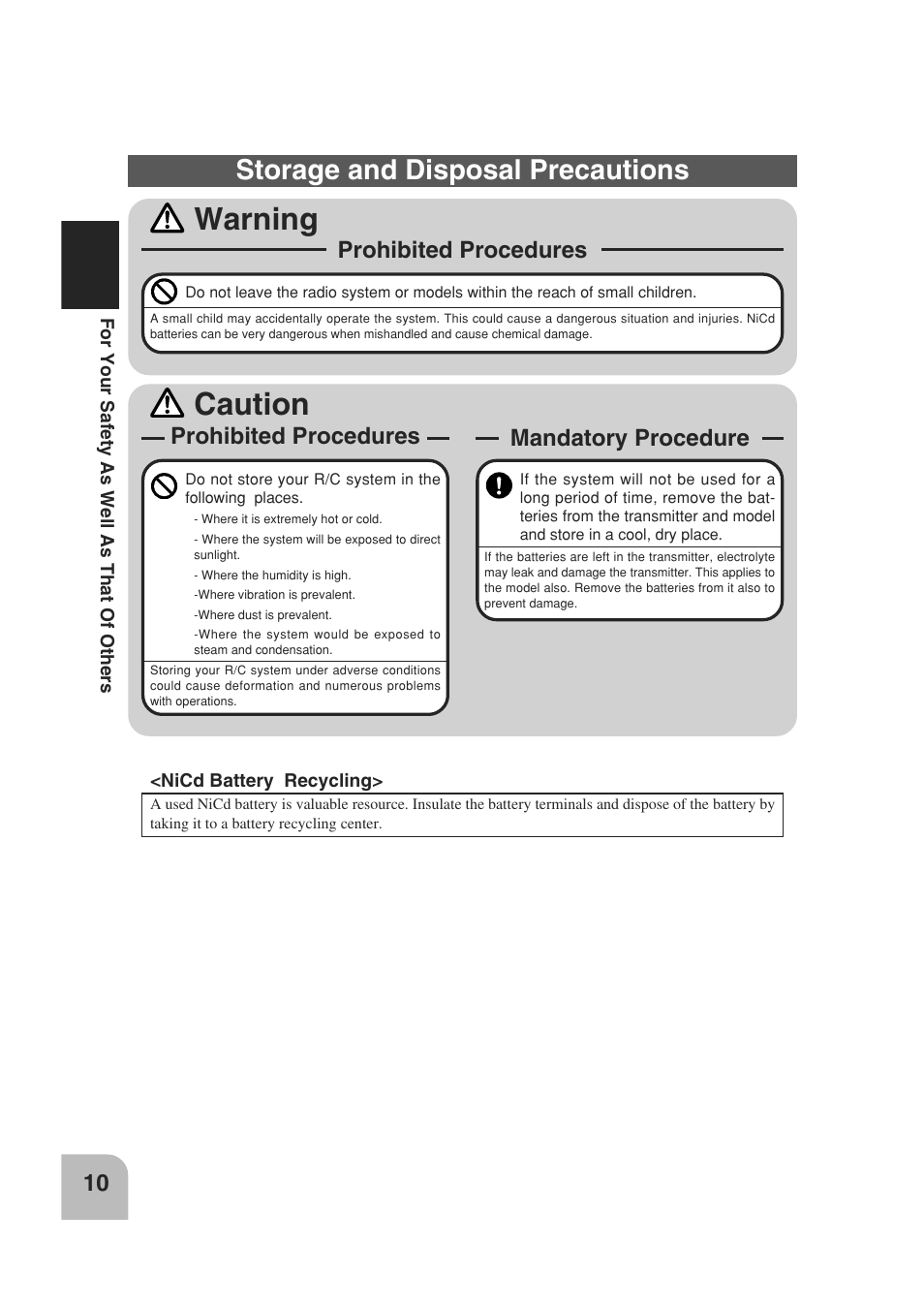 Warning, Caution, Storage and disposal precautions | Prohibited procedures, Mandatory procedure | Futaba 3PM 2.4GHz User Manual | Page 9 / 60