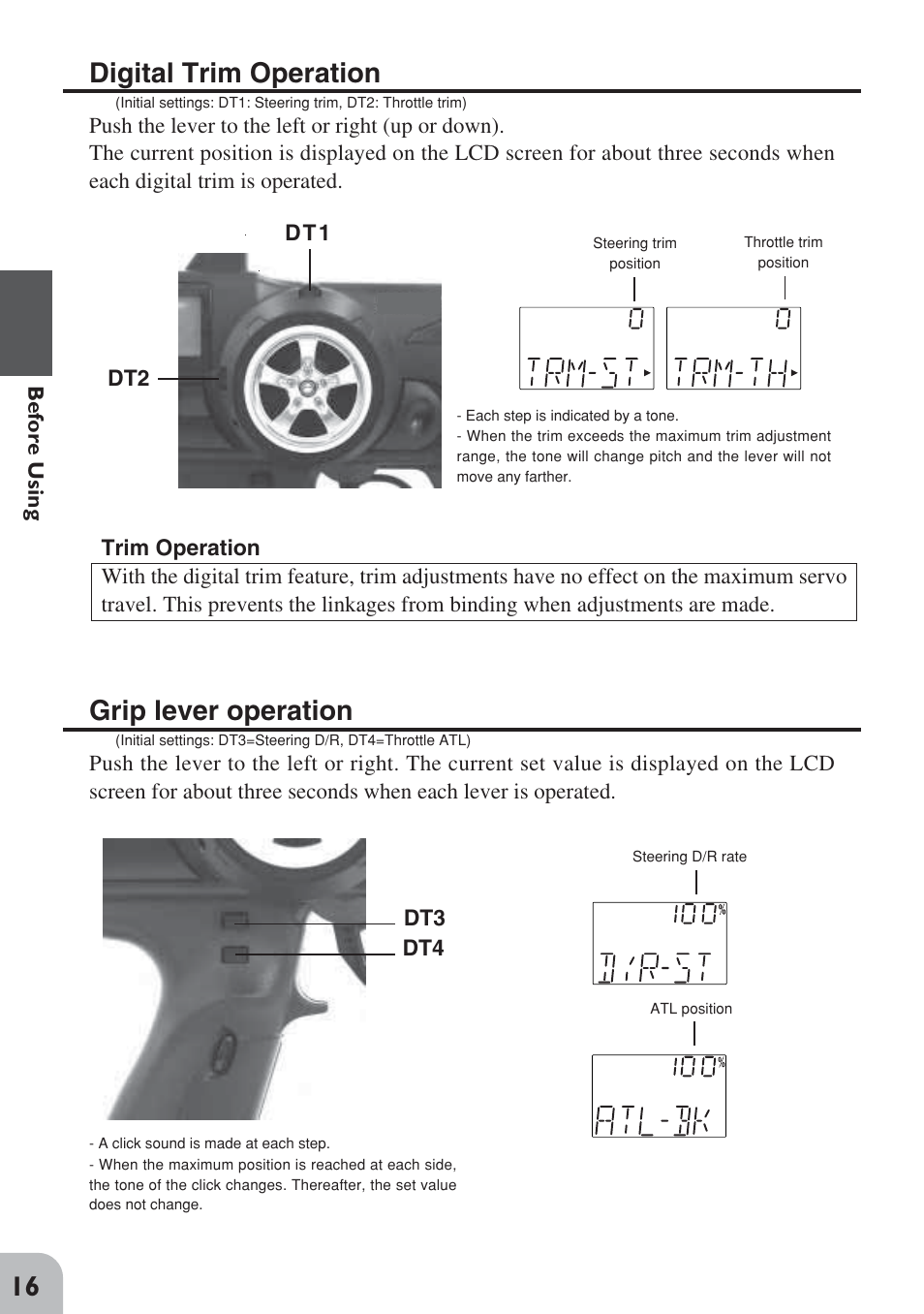 Digital trim operation, Grip lever operation | Futaba 3PM FM, FS, FS Pro User Manual | Page 15 / 60