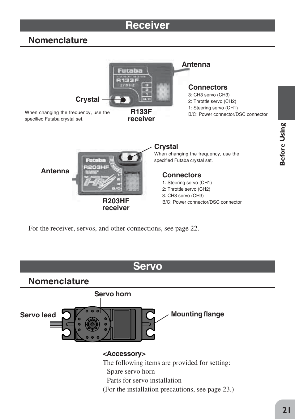 Receiver, Servo, Nomenclature | Futaba 3PM FM, FS, FS Pro User Manual | Page 20 / 60