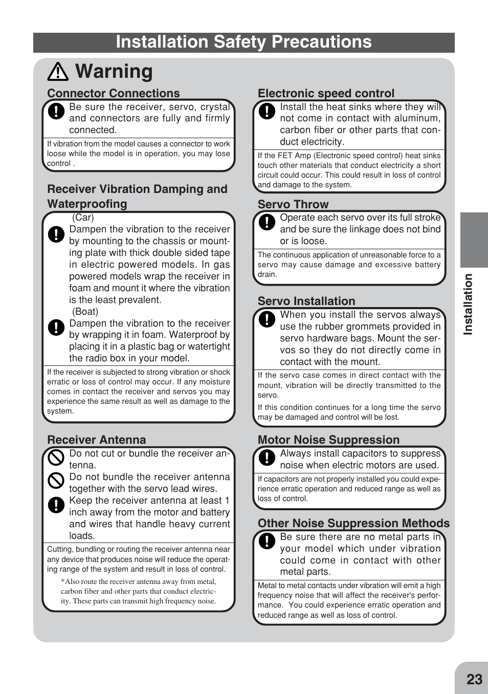 Warning, Installation safety precautions | Futaba 3PM FM, FS, FS Pro User Manual | Page 22 / 60