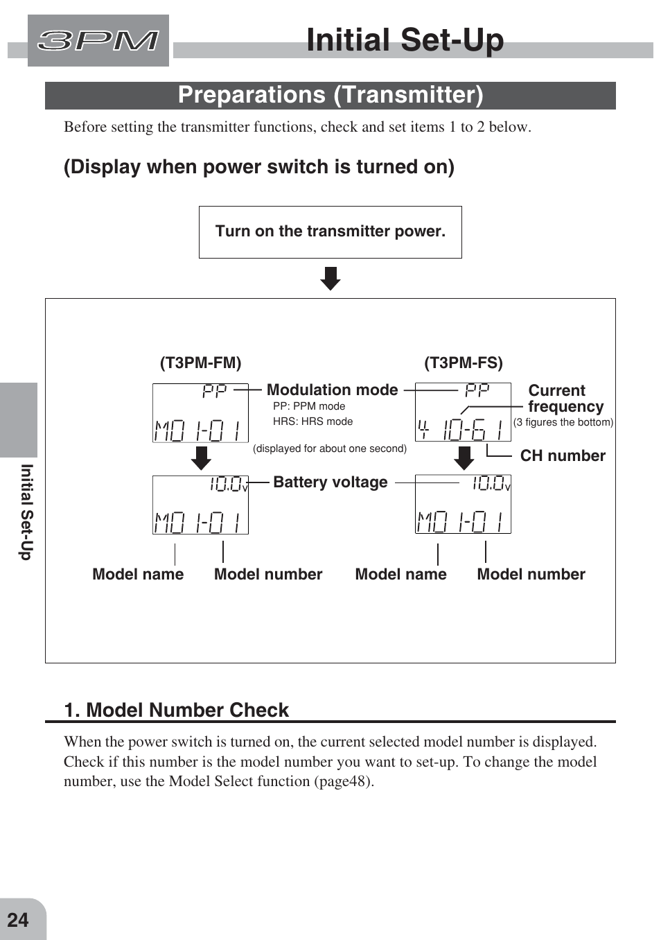 Initial set-up, Preparations (transmitter), Model number check | Display when power switch is turned on) | Futaba 3PM FM, FS, FS Pro User Manual | Page 23 / 60