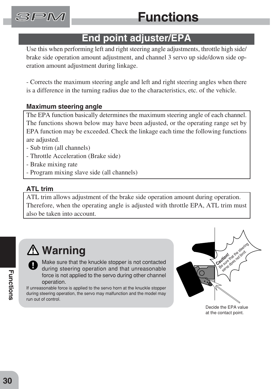 Functions, Warning, End point adjuster/epa | Futaba 3PM FM, FS, FS Pro User Manual | Page 29 / 60
