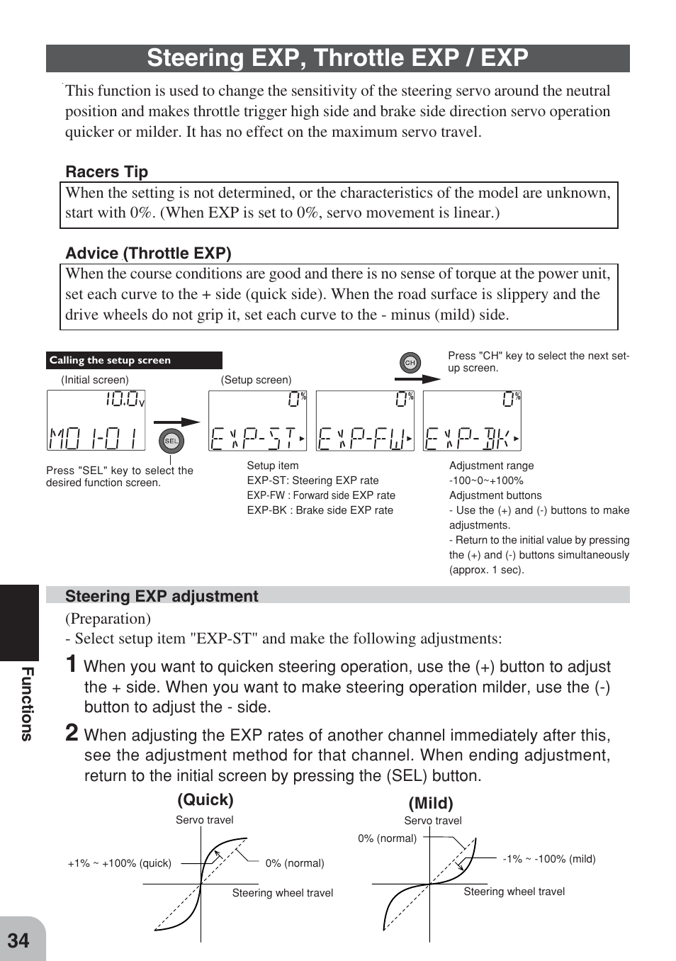 Steering exp, throttle exp / exp, Functions, Quick) (mild) | Futaba 3PM FM, FS, FS Pro User Manual | Page 33 / 60