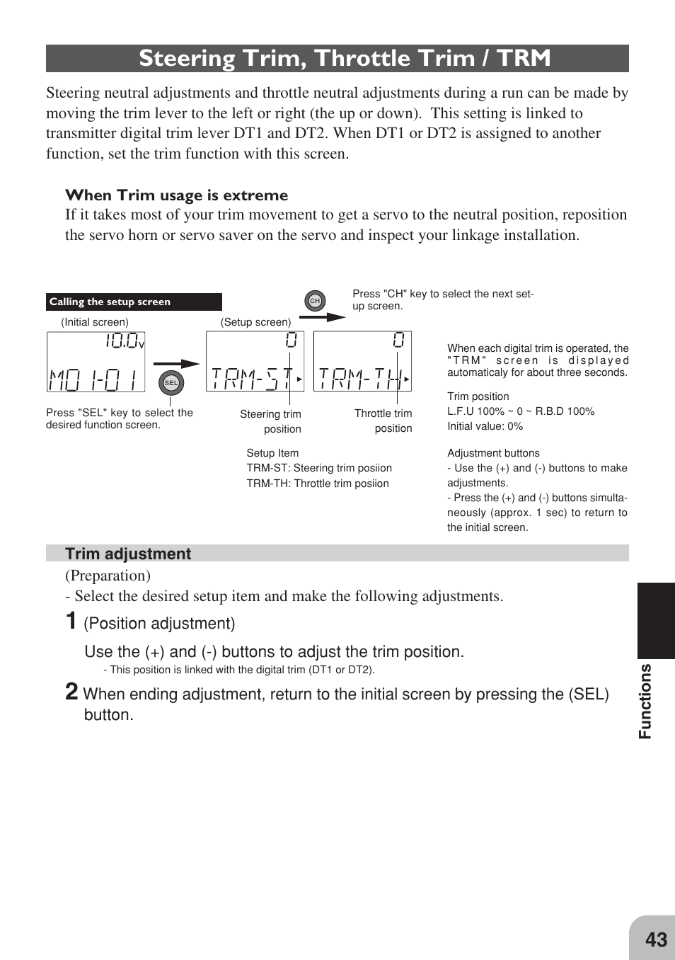 Steering trim, throttle trim / trm | Futaba 3PM FM, FS, FS Pro User Manual | Page 42 / 60