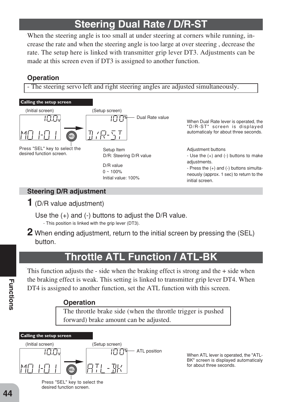 Steering dual rate / d/r-st, Throttle atl function / atl-bk | Futaba 3PM FM, FS, FS Pro User Manual | Page 43 / 60