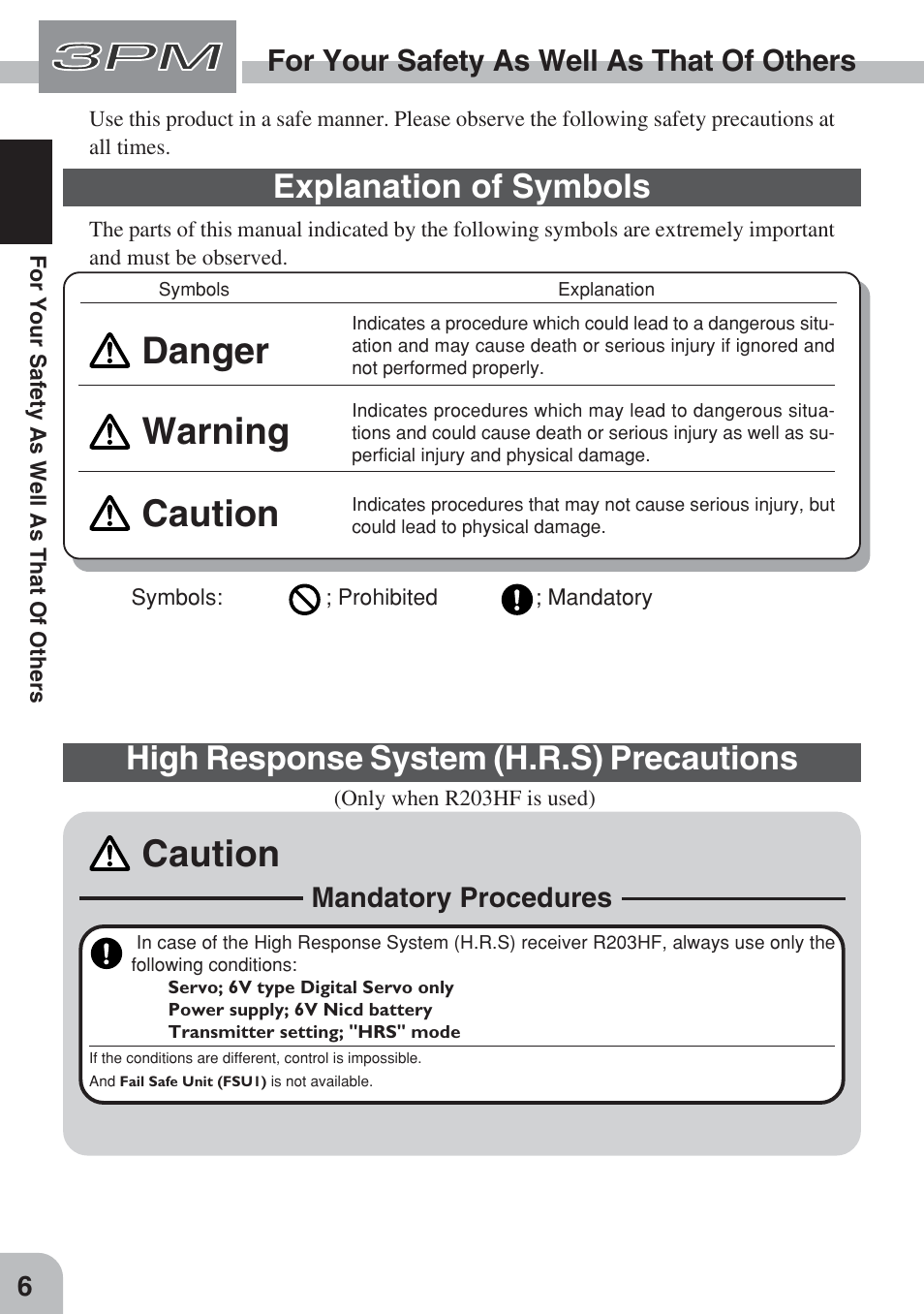 Danger, Warning, Caution | Explanation of symbols, High response system (h.r.s) precautions, For your safety as well as that of others | Futaba 3PM FM, FS, FS Pro User Manual | Page 5 / 60