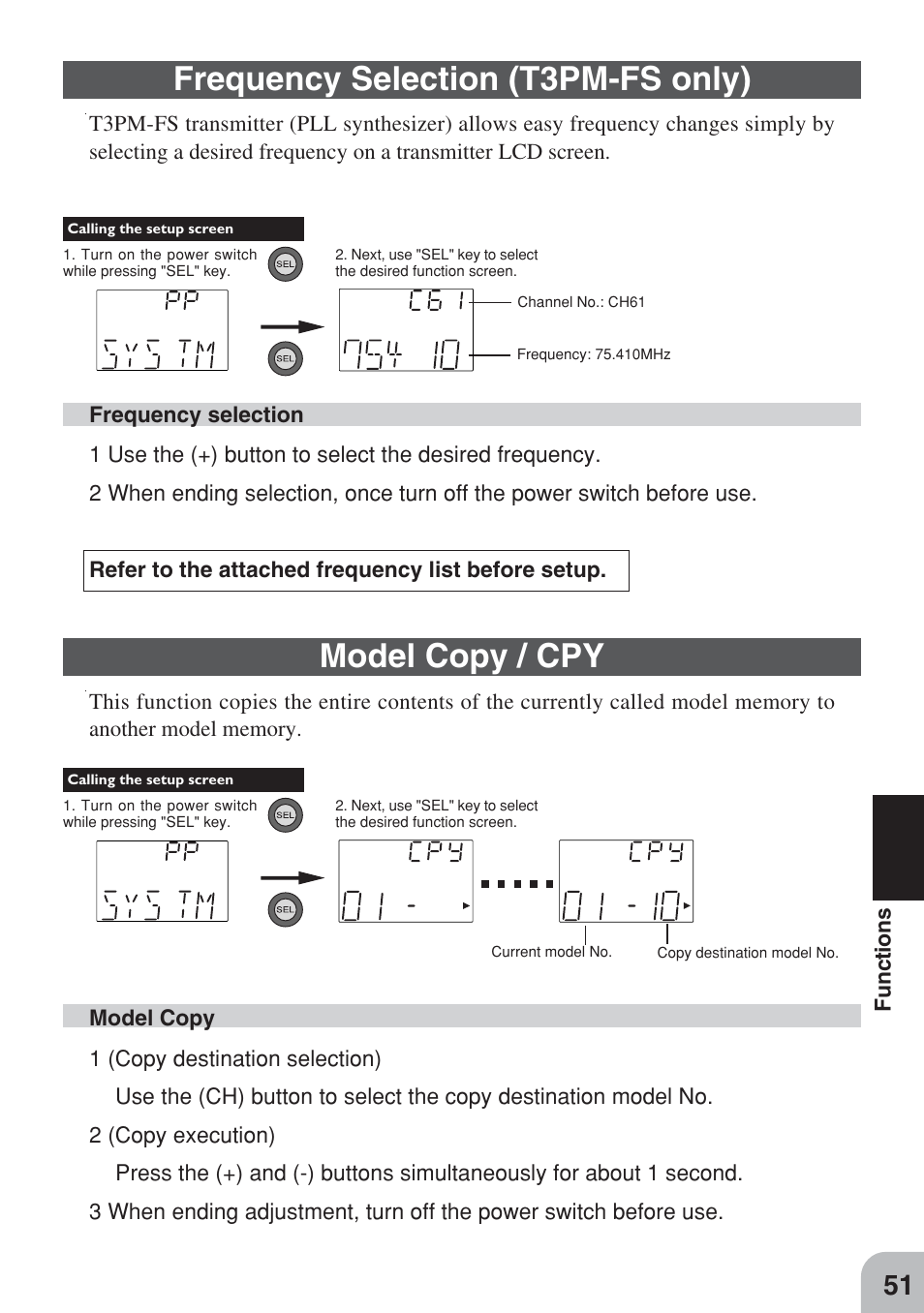 Model copy / cpy, Frequency selection (t3pm-fs only) | Futaba 3PM FM, FS, FS Pro User Manual | Page 50 / 60
