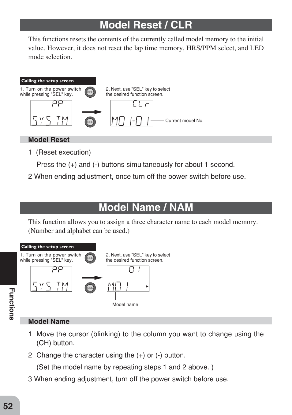 Model reset / clr, Model name / nam | Futaba 3PM FM, FS, FS Pro User Manual | Page 51 / 60