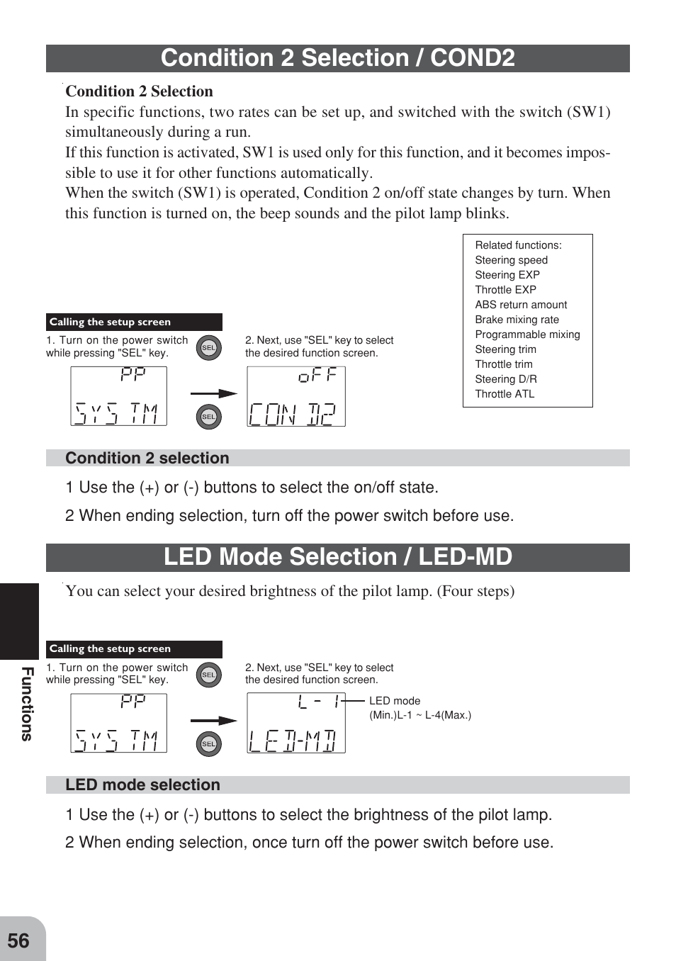 Condition 2 selection / cond2, Led mode selection / led-md | Futaba 3PM FM, FS, FS Pro User Manual | Page 55 / 60