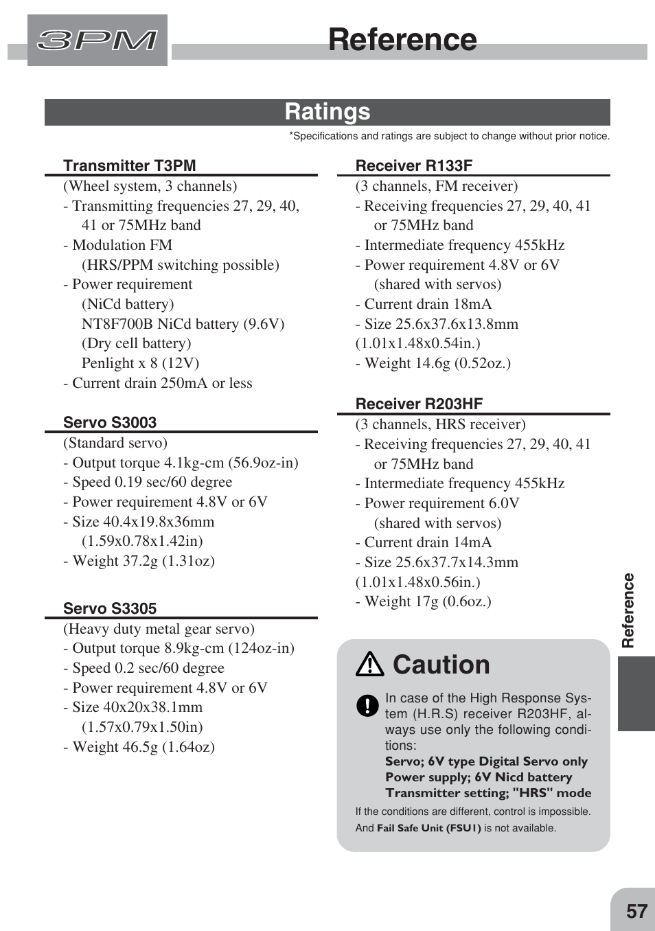 Reference, Caution, Ratings | Futaba 3PM FM, FS, FS Pro User Manual | Page 56 / 60