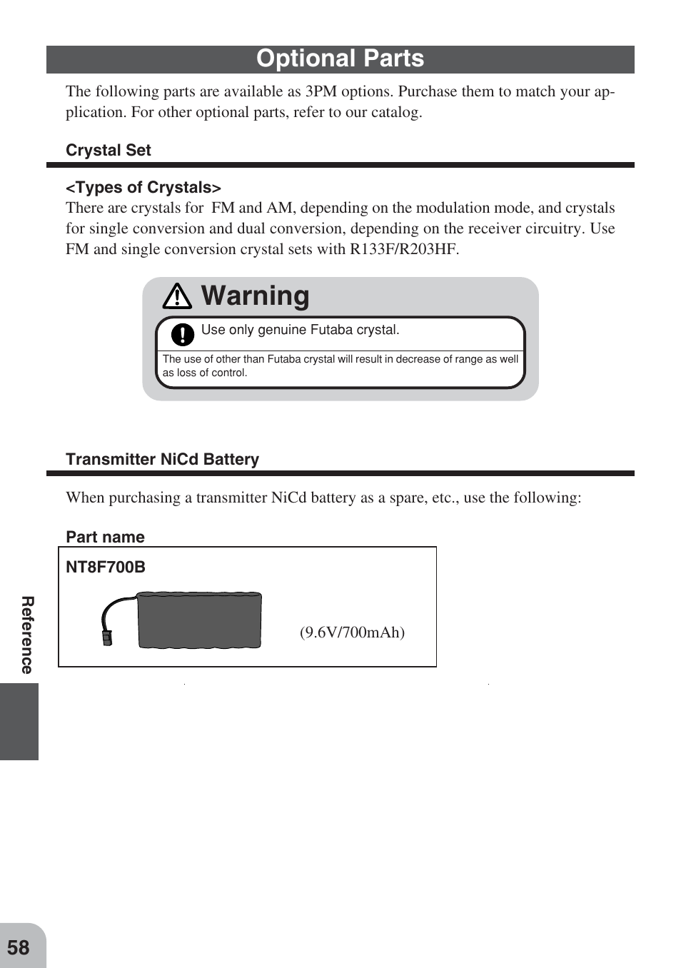 Warning, Optional parts | Futaba 3PM FM, FS, FS Pro User Manual | Page 57 / 60