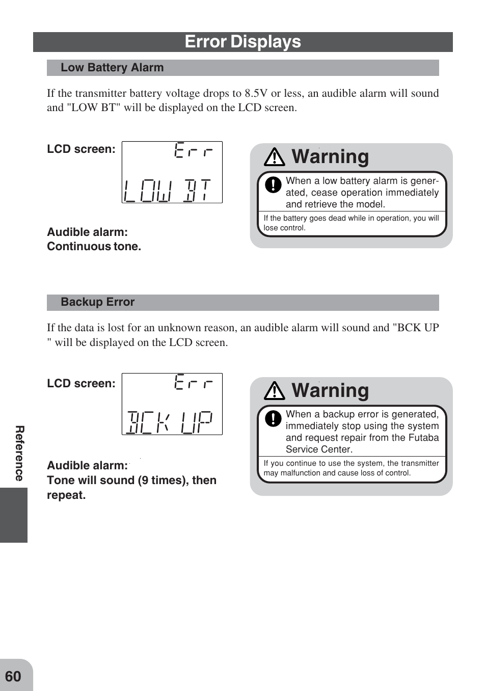 Warning, Error displays | Futaba 3PM FM, FS, FS Pro User Manual | Page 59 / 60