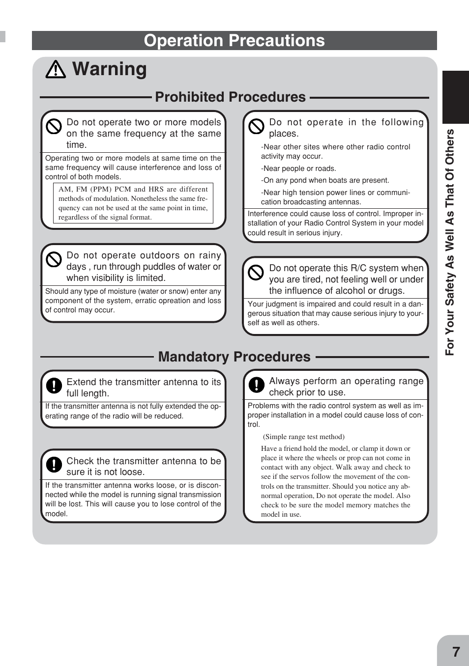 Warning, Operation precautions, Prohibited procedures | Mandatory procedures | Futaba 3PM FM, FS, FS Pro User Manual | Page 6 / 60