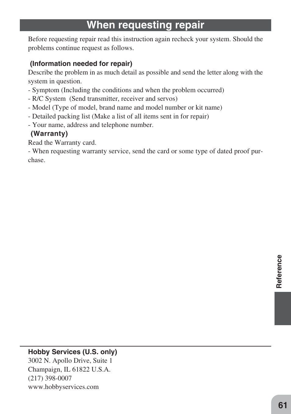 When requesting repair | Futaba 3PM FM, FS, FS Pro User Manual | Page 60 / 60