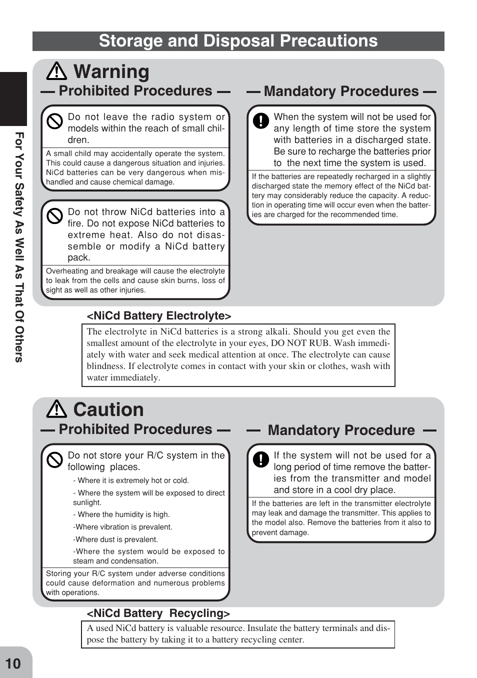 Warning, Caution, Storage and disposal precautions | Prohibited procedures, Mandatory procedures, Mandatory procedure | Futaba 3PM FM, FS, FS Pro User Manual | Page 9 / 60