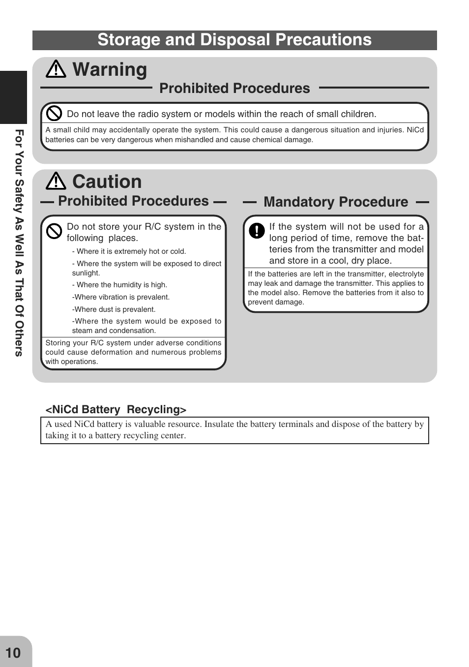 Warning, Caution, Storage and disposal precautions | Prohibited procedures, Mandatory procedure | Futaba 3PM-X 2.4GHz User Manual | Page 10 / 66