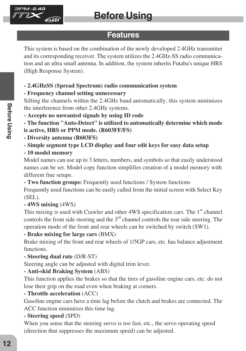 Before using, Features | Futaba 3PM-X 2.4GHz User Manual | Page 12 / 66