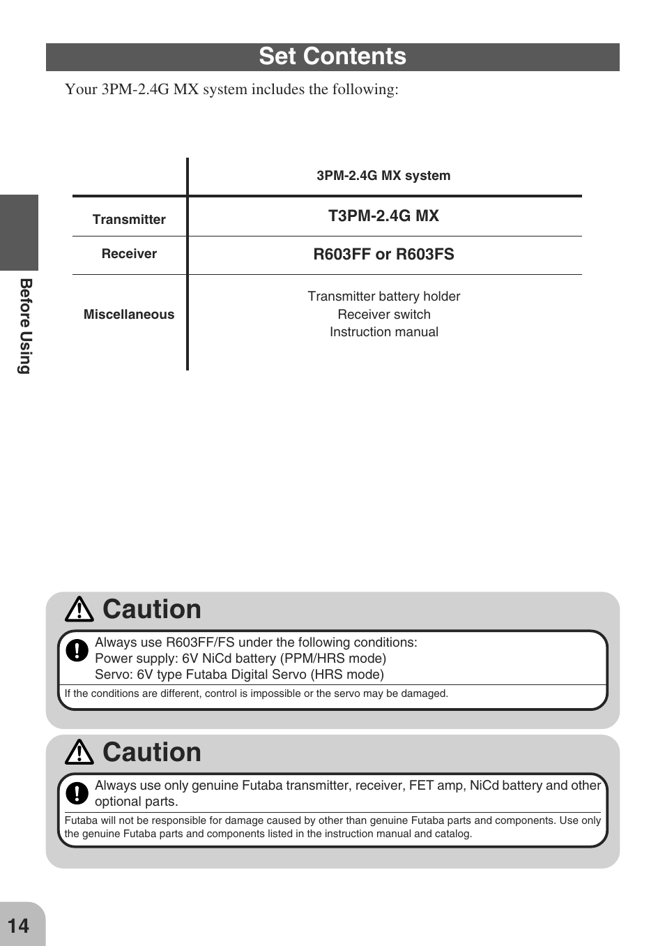 Caution, Set contents | Futaba 3PM-X 2.4GHz User Manual | Page 14 / 66