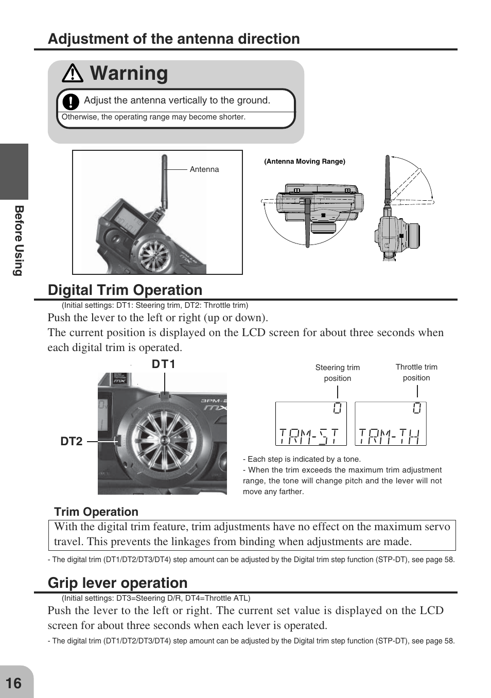 Warning, Digital trim operation, Grip lever operation | Adjustment of the antenna direction | Futaba 3PM-X 2.4GHz User Manual | Page 16 / 66