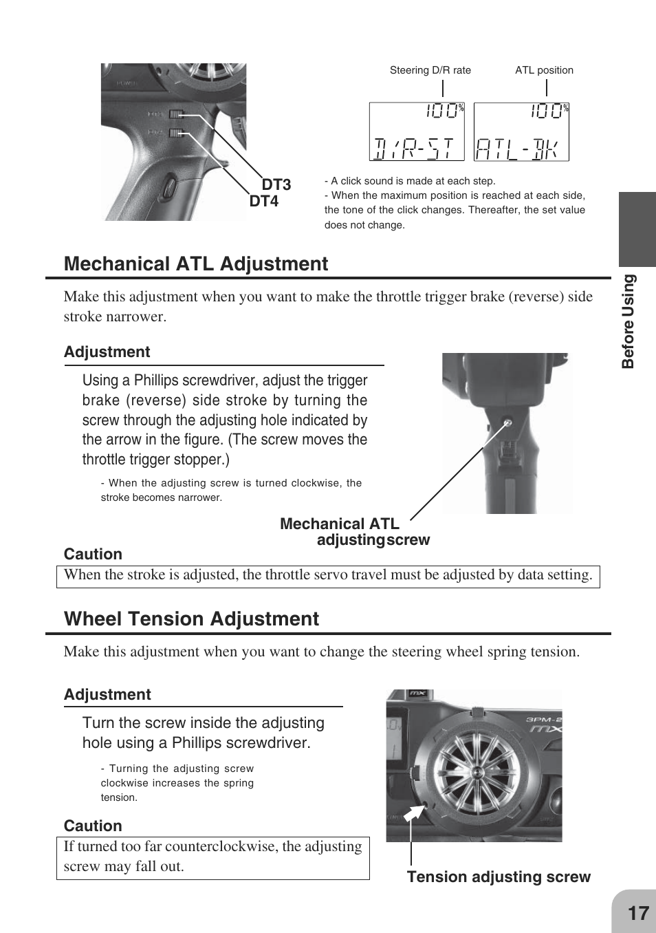 Mechanical atl adjustment, Wheel tension adjustment | Futaba 3PM-X 2.4GHz User Manual | Page 17 / 66