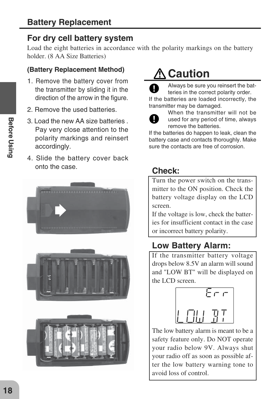 Caution, For dry cell battery system, Battery replacement | Check, Low battery alarm | Futaba 3PM-X 2.4GHz User Manual | Page 18 / 66