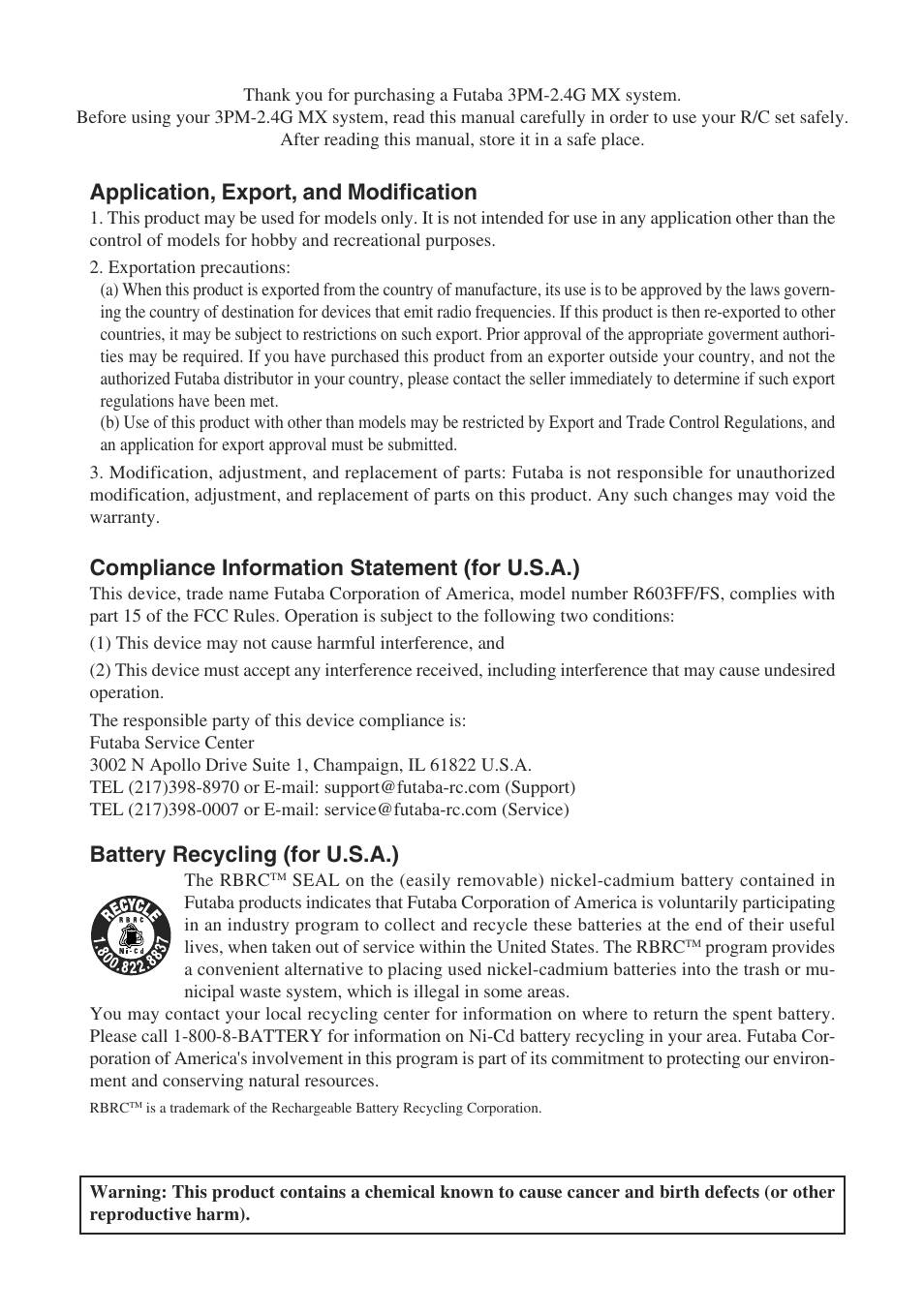 Application, export, and modification, Compliance information statement (for u.s.a.), Battery recycling (for u.s.a.) | Futaba 3PM-X 2.4GHz User Manual | Page 2 / 66