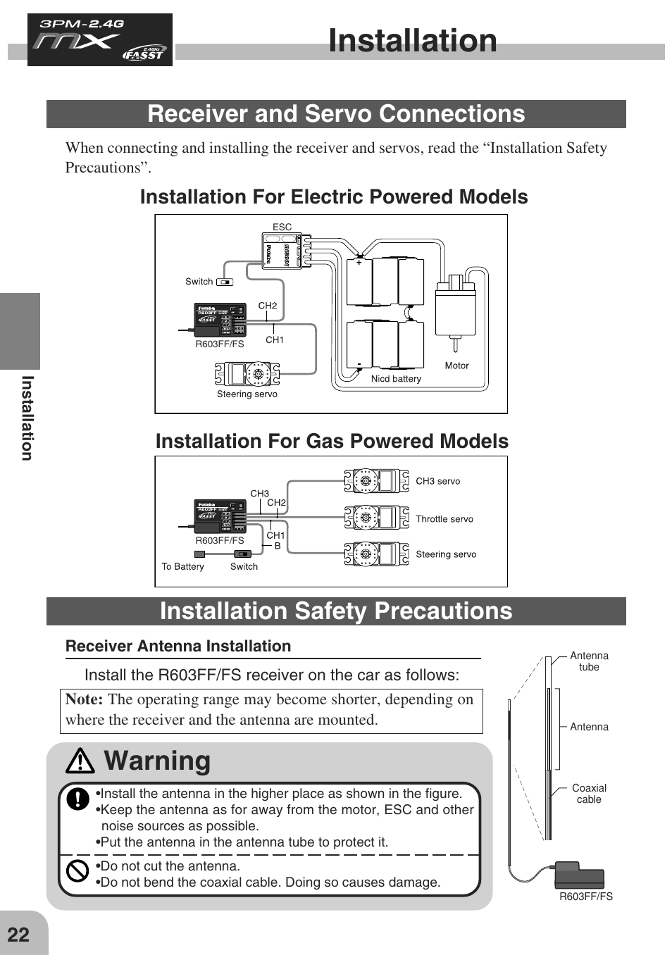 Installation, Warning, Receiver and servo connections | Installation safety precautions, Installation for electric powered models, Installation for gas powered models | Futaba 3PM-X 2.4GHz User Manual | Page 22 / 66