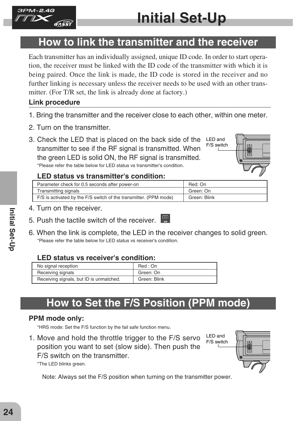 Initial set-up, How to link the transmitter and the receiver, How to set the f/s position (ppm mode) | Futaba 3PM-X 2.4GHz User Manual | Page 24 / 66