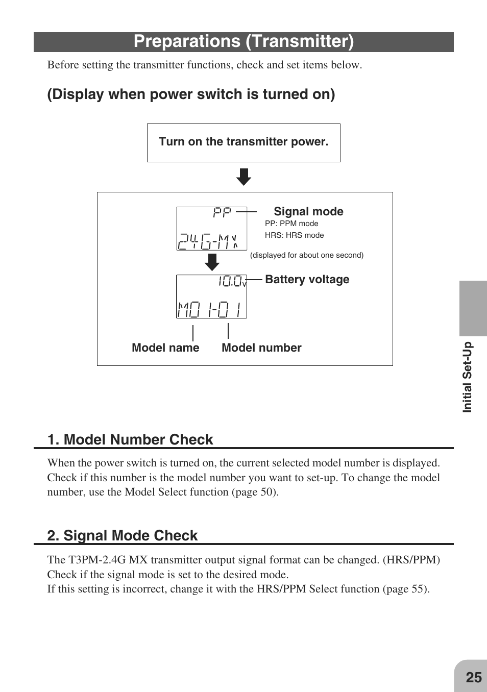 Preparations (transmitter), Model number check | Futaba 3PM-X 2.4GHz User Manual | Page 25 / 66