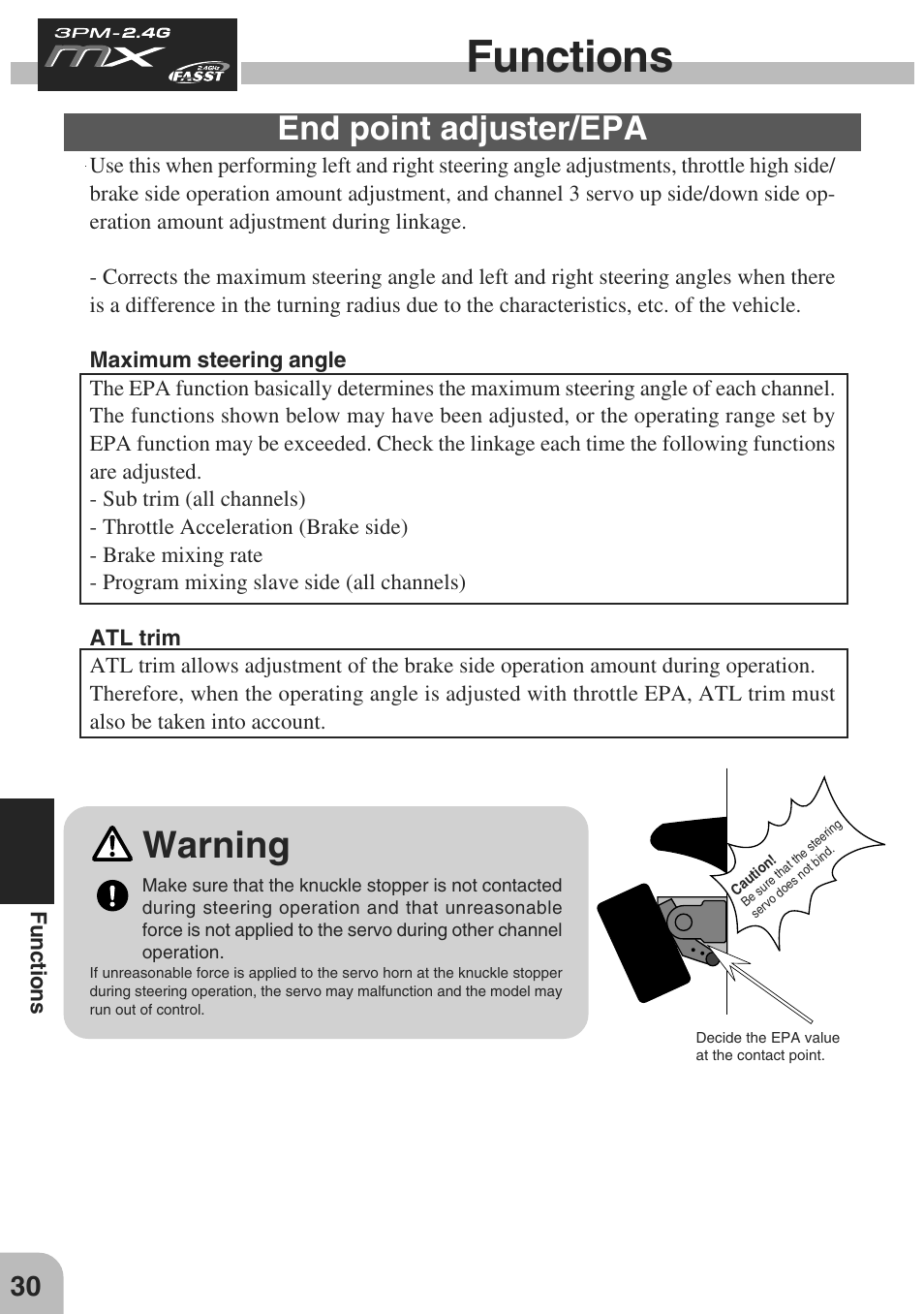 Functions, Warning, End point adjuster/epa | Futaba 3PM-X 2.4GHz User Manual | Page 30 / 66