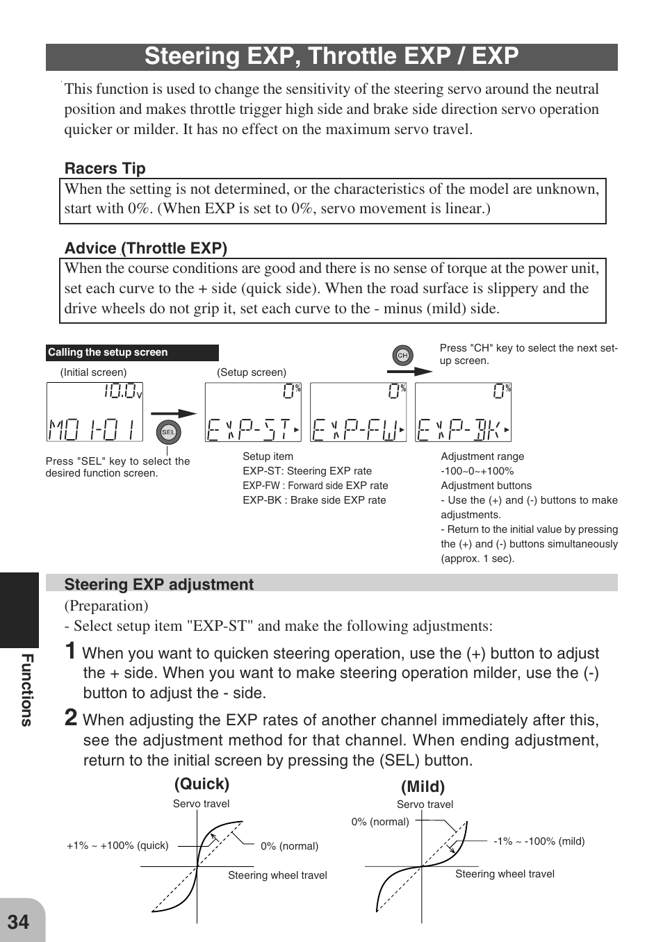 Steering exp, throttle exp / exp, Functions, Quick) (mild) | Futaba 3PM-X 2.4GHz User Manual | Page 34 / 66